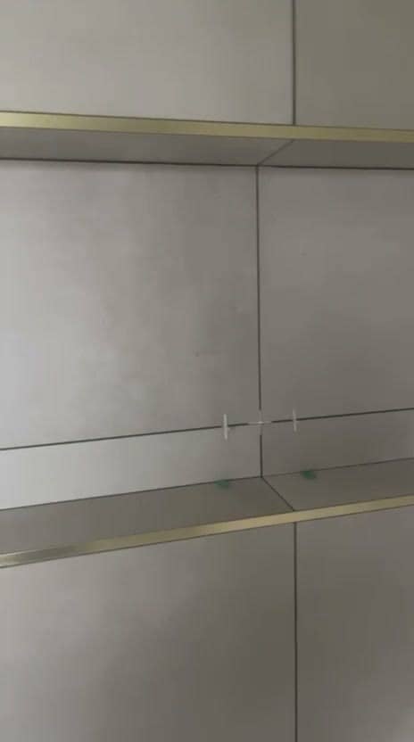 Niche de douche en cours de pose dans un mur en grands carreaux beige-gris, profilés dorés en rive, croisillons et cales encore en place, réalisation à Gex